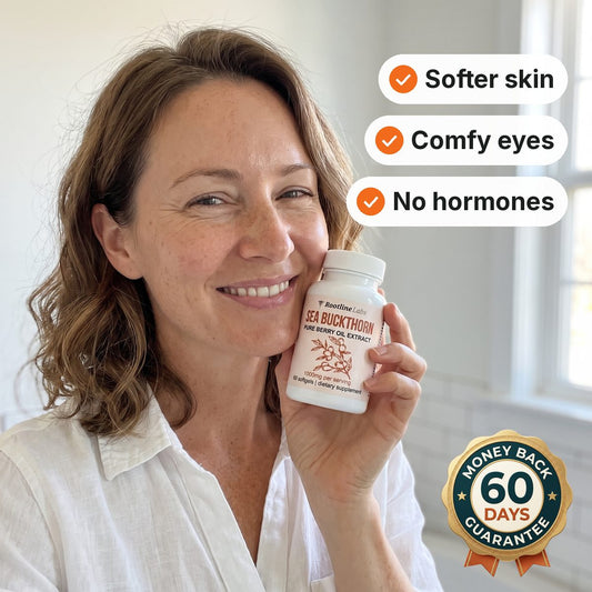 Woman holding RootLine Labs Sea Buckthorn with 60-day money-back guarantee