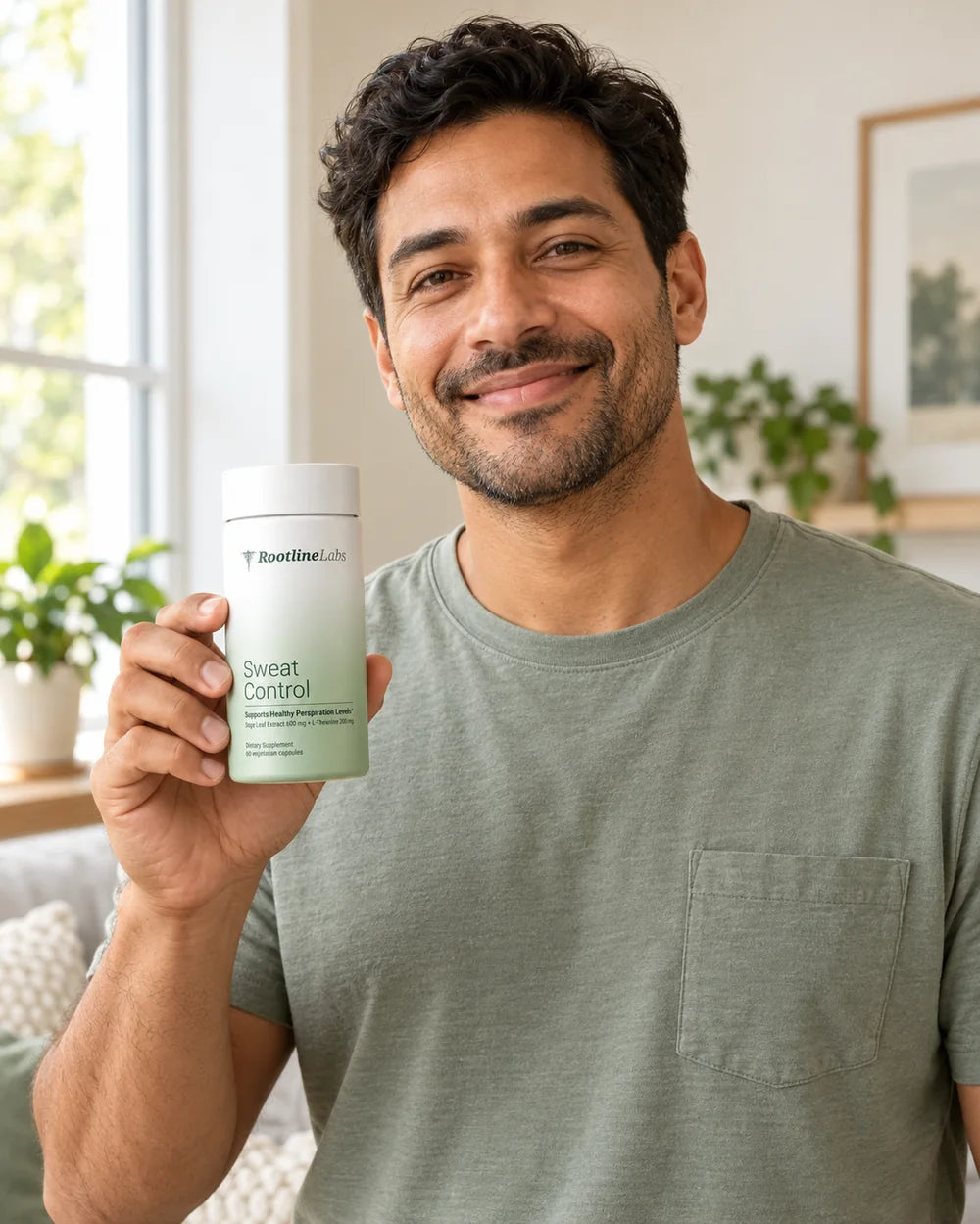 Man holding a bottle of Sweat Control at home