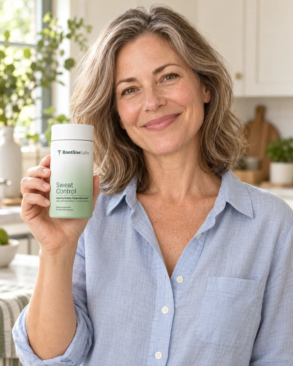 Woman holding a bottle of Sweat Control in her kitchen