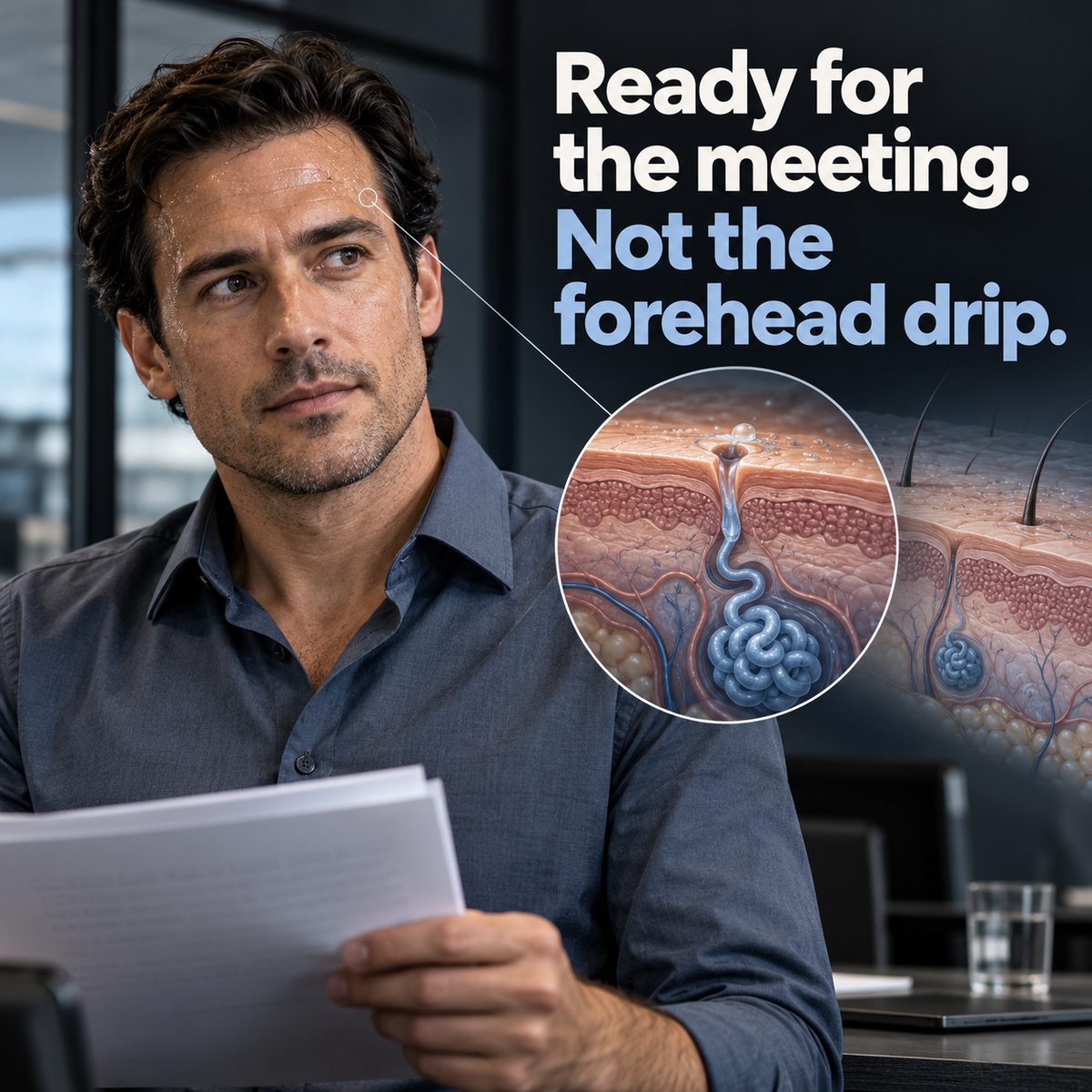 Ready for the meeting. Not the forehead drip.